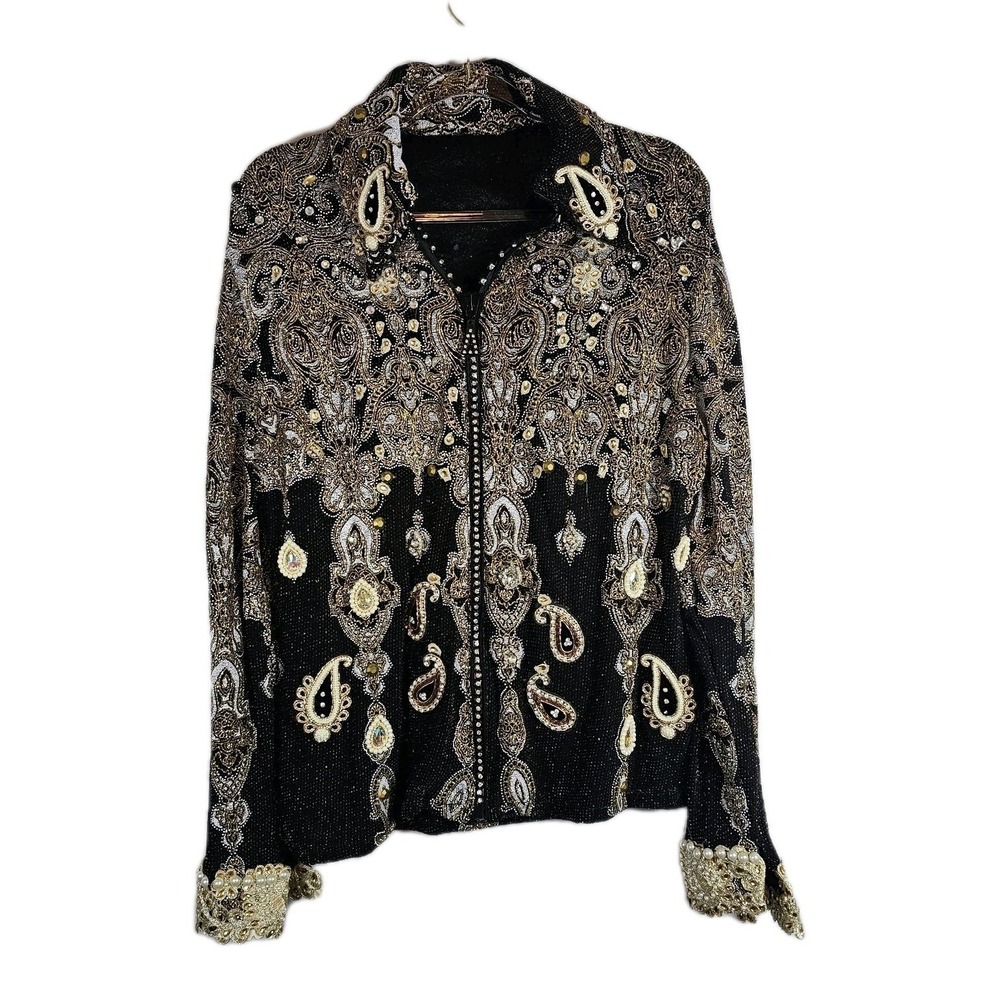 Gorgeous Handmade Ladies Show Jacket Zip Front Size Medium Black Gold Glitzy